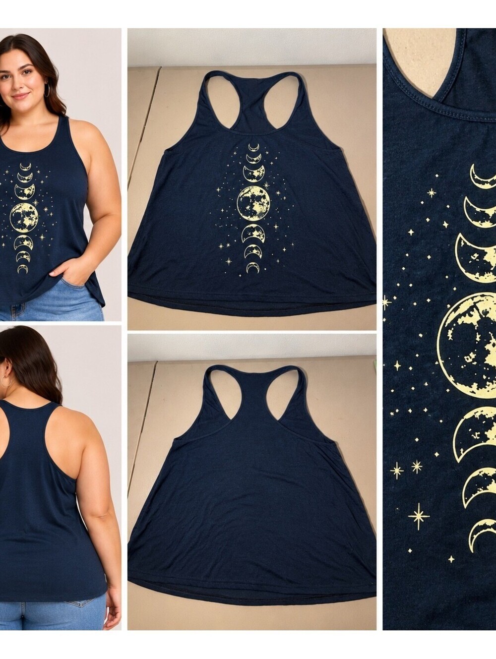 SHEIN Curve 2XL Navy Blue Moon Phase Racerback Tank Top